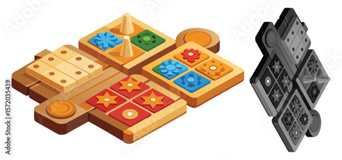 Colorful illustrated board game with wooden pieces and geometric tile elements
