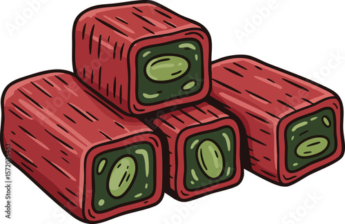 Red Bean Paste Mochi Dessert Illustration with Green Filling Vector Art