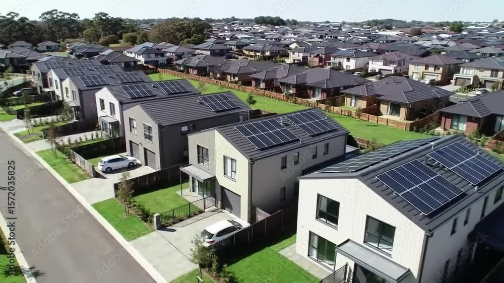 Aerial view of eco-friendly suburban houses with solar panels Aerial view of eco-friendly suburban houses with solar panels