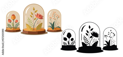 Elegant floral arrangement illustrations enclosed within glass domes in vibrant and minimalist style