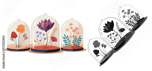Elegant floral arrangements enclosed within glass cloches with colorful and monochrome aesthetics.