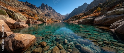 Crystal clear turquoise mountain lake reflecting rugged peaks under a bright blue sky