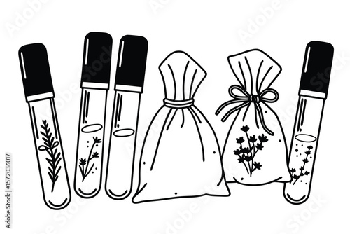 Hand-drawn illustration of herbal remedies showing test tubes and small fabric pouches in black and white