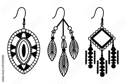 Three decorative and stylish black and white earrings for fashion and accessory designs