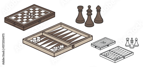 Various classic board games including chess backgammon and go flat isometric design