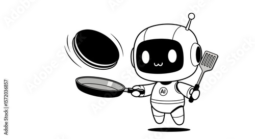 Robot Chef Flips Pancake AI Cooking Concept.