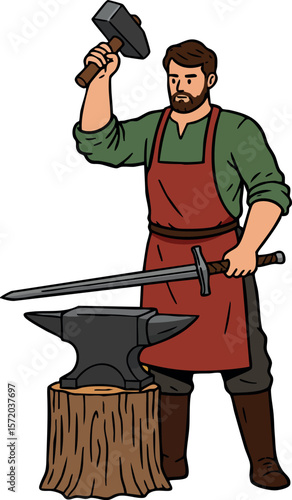 Blacksmith forging sword with hammer at anvil in workshop vector illustration