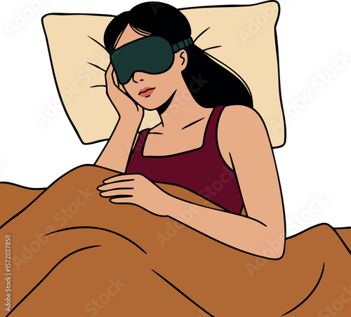 Woman with black hair sleeping in bed with eye mask and brown blanket vector illustration