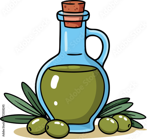 Olive oil bottle with green olives and leaves vector illustration natural food healthy cooking ingredient
