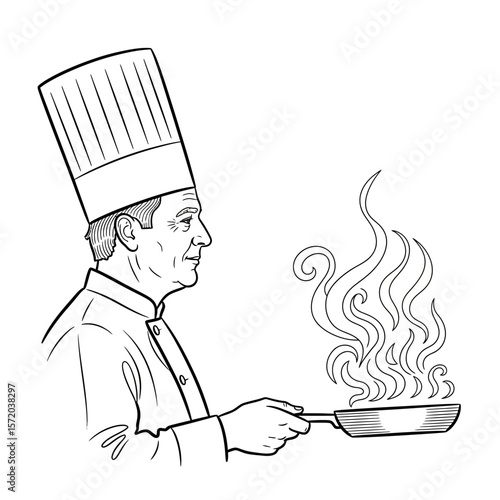 Chef cooking with flame in pan Line art.