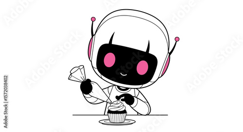 Robot Decorating Cupcake with Cute, AI, and White.