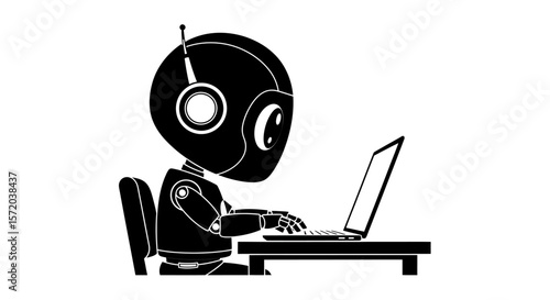 Robot working on laptop AI with future, and tech.