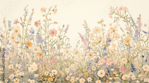 Vintage herbarium illustration of delicate embossed flowers arranged on a warm cream background, showcasing high resolution scanned texture and fine detail suitable for a seamless repeat pattern.