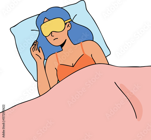 Woman resting with eye mask sleeping in bed under pink blanket vector illustration