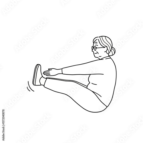 Senior Woman Doing Seated Leg Stretch Exercise, Line Art