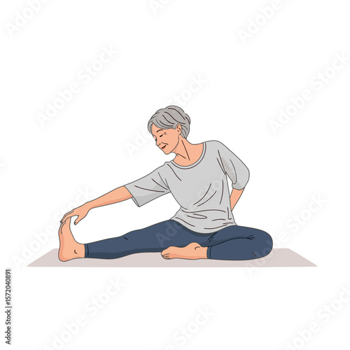 Senior Woman Practicing Yoga Stretch on Mat Illustration