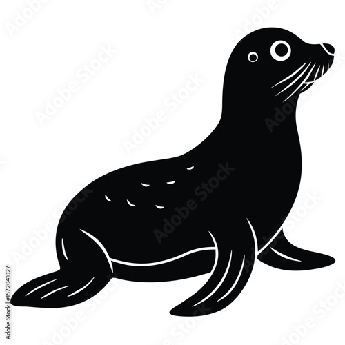 Black silhouette shows a sea lion sitting, looking upward against transparent backdrop