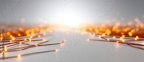 Abstract network of glowing light strands on a neutral background with bokeh effect