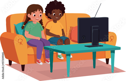 Children sitting on orange sofa watching television together indoor leisure activity