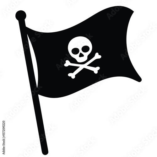 Black pirate flag featuring a white skull and crossbones flies boldly in silhouette