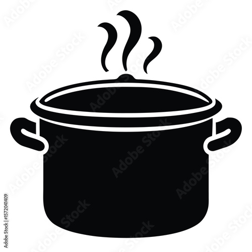 Isolated black pot with handles emits steam from the closed top area