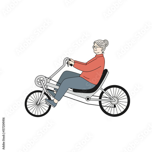 Senior Woman Riding a Recumbent Bicycle, Isolated Illustration