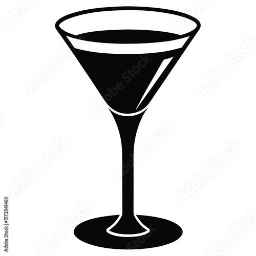 A sleek martini glass silhouette contains liquid with white highlights on transparent background