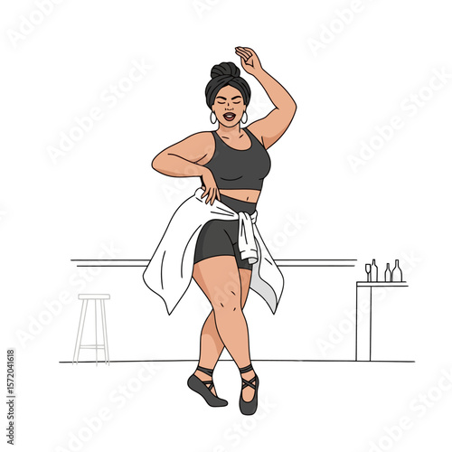 Confident Curvy Woman Dancing, Black and White Illustration