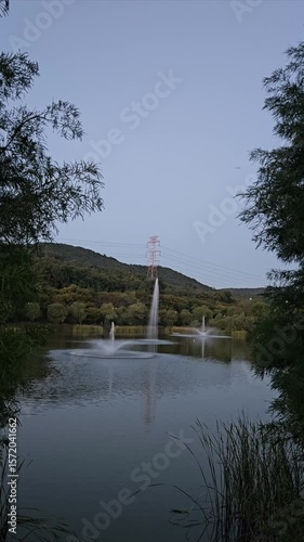 A wonderful fountain show in a beautiful forest pond
