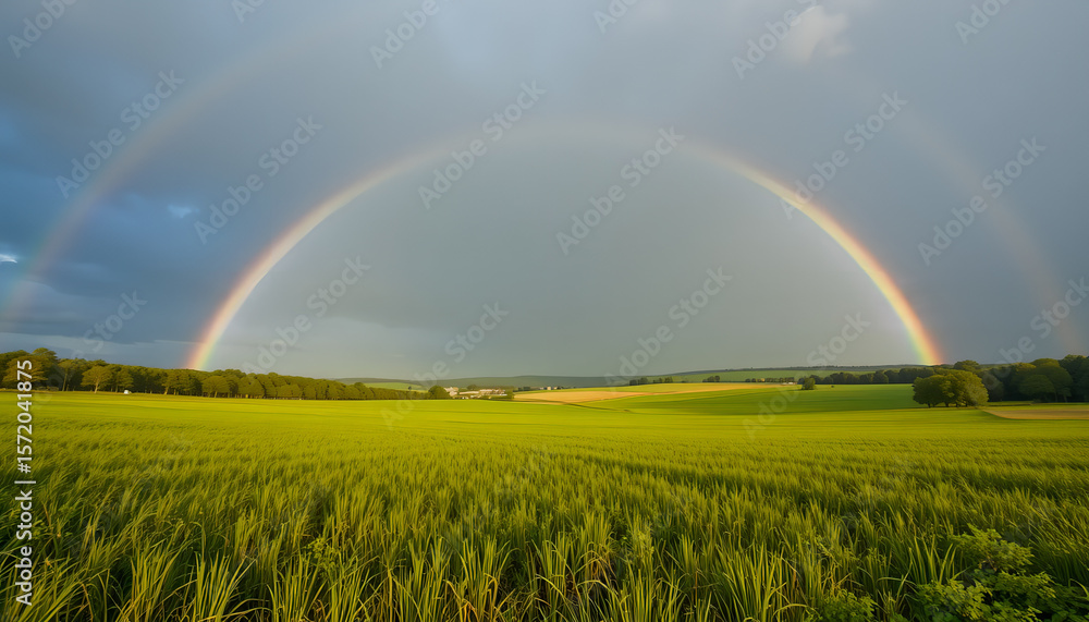 Naklejka premium rainbow over green field