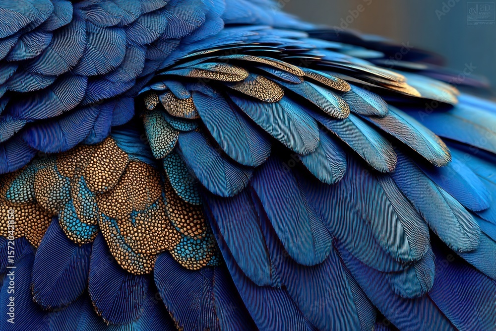 Obraz premium Detailed close up of vibrant blue and gold bird feathers showing intricate textures and patterns