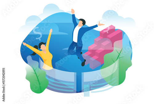 Illustration vector profit, fortune and success, successful investment concept. Man and woman is glad a lot of money, success, good luck