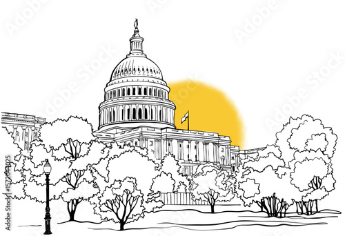 Great view on Washington DC, USA. Sunshine. Urban landscape. Hand drawn sketch. Black and White illustration. Line Art. Vector background. Without people. Postcard style.