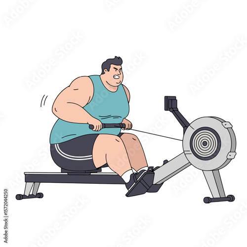 Determined Man Exercising on Rowing Machine