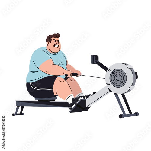 Overweight Man Exercising on Rowing Machine