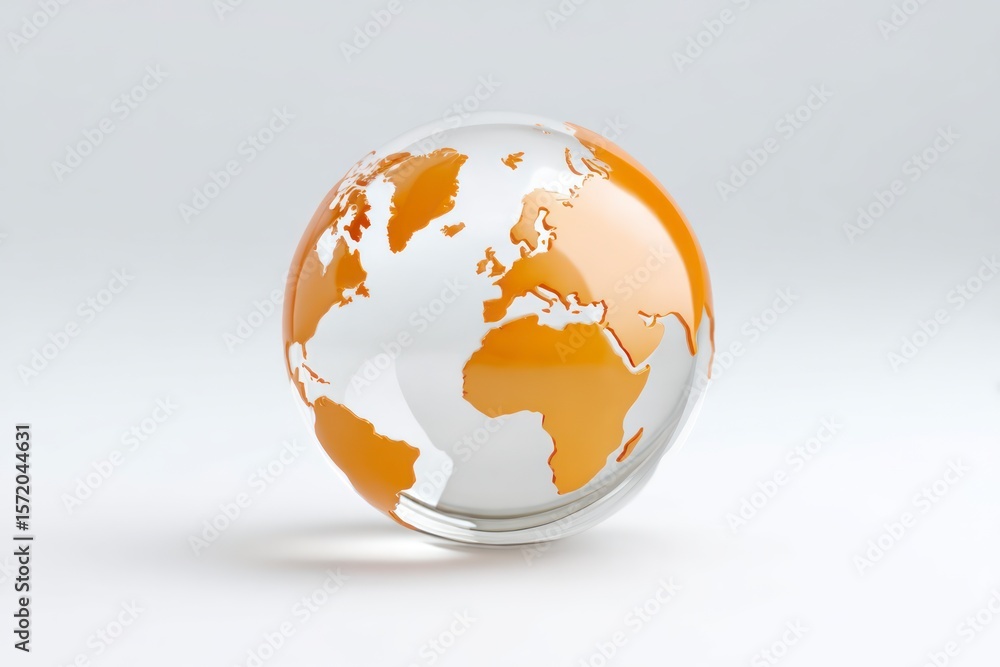 Transparent glass sphere with orange continents of Earth on a clean white background Transparent glass sphere with orange continents of Earth on a clean white background
