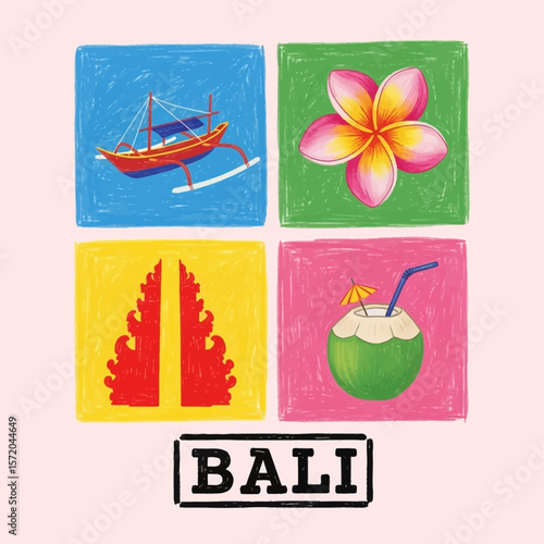 Bali icons boat with temple, plumeria, and coconut.