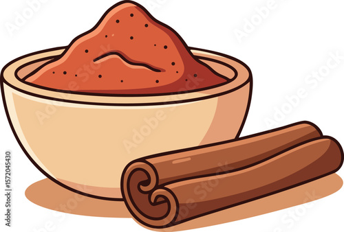 Cinnamon powder in bowl with cinnamon sticks natural spice ingredient illustration vector