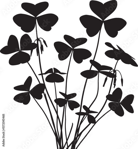 Collection of various shamrock and clover plant silhouettes with distinctive three-leaf patterns, ideal for St. Patrick's Day themes, good luck symbols, and natural decorative elements
