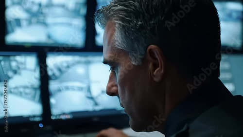 Security guard monitors cameras