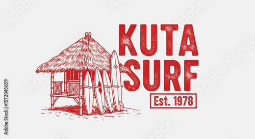Kuta Surf Logo with Hut, Surfboards, and Bali.