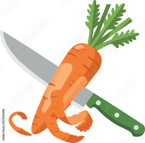 Carrot with green leaves and kitchen knife peeling fresh vegetable vector illustration