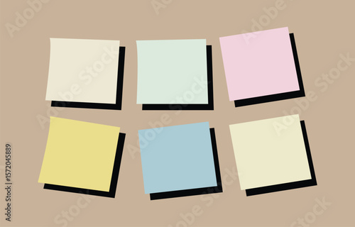 Six pastel colored sticky notes scattered on a textured beige background with black shadows