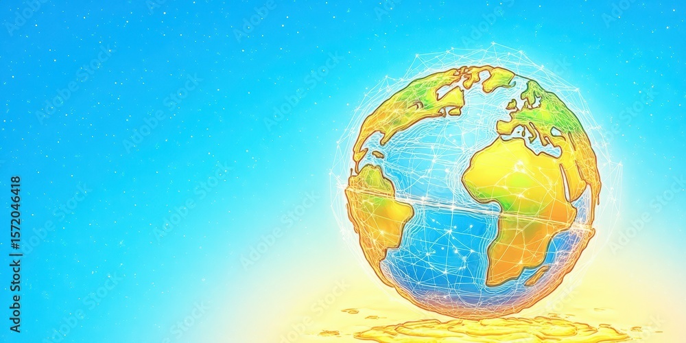 Naklejka premium Digital globe network illustration with continents. Earth as global planet, world as technology sphere. Connectivity and network, abstract design, modern digital concept, suitable for science or