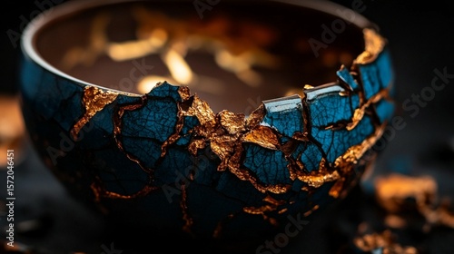 Cracked, dark-blue bowl with gold flecks.  Intricate crazing pattern
