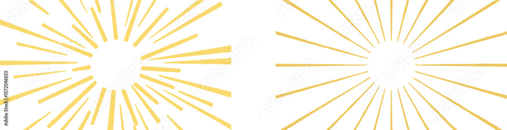 Fototapeta premium Two abstract sunburst patterns with yellow lines radiating from a central point on a white background