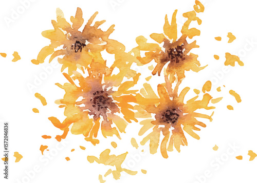 ひまわりのベクターイラスト。水彩タッチで描いた夏の向日葵背景。Vector illustration of sunflowers. Summer sunflower background with watercolor touch.