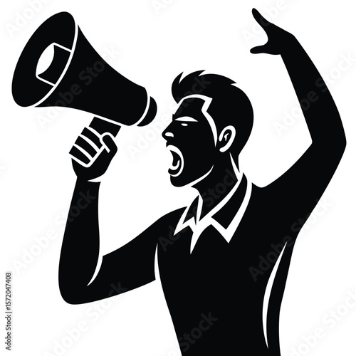 Silhouette of an assertive man yells into megaphone with raised hand on transparent background