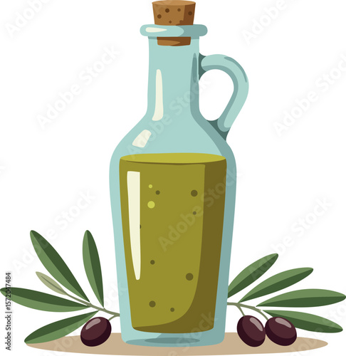 Olive oil bottle with olives and leaves natural food cooking ingredient vector illustration