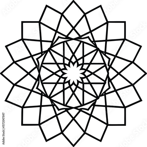 Black geometric starburst consists of layering squares, triangles, and star shapes on a white background